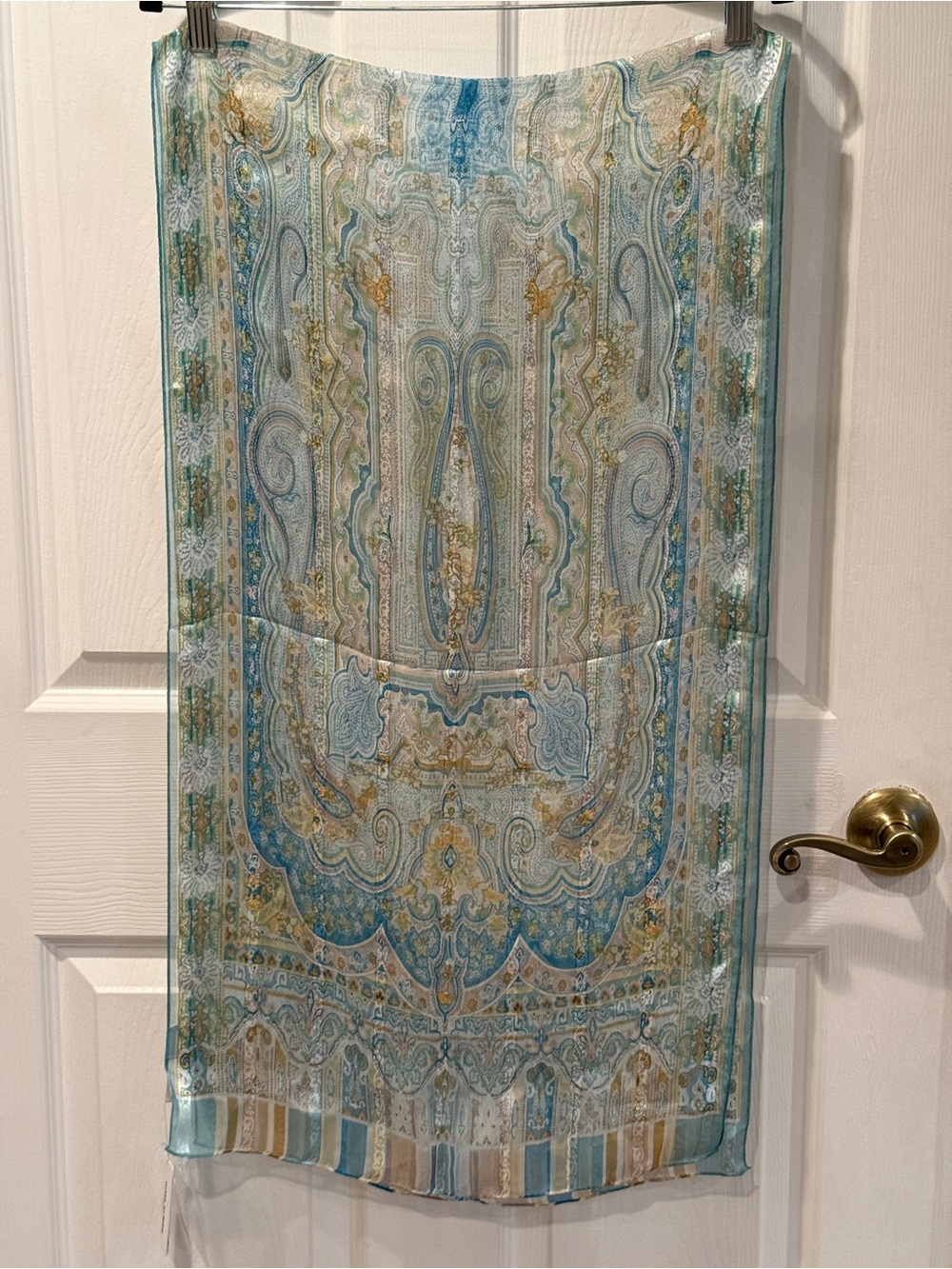 Mila Schön Milano 100% Silk Paisley Blue Green Gold Scarf (Approx. 63x18”)